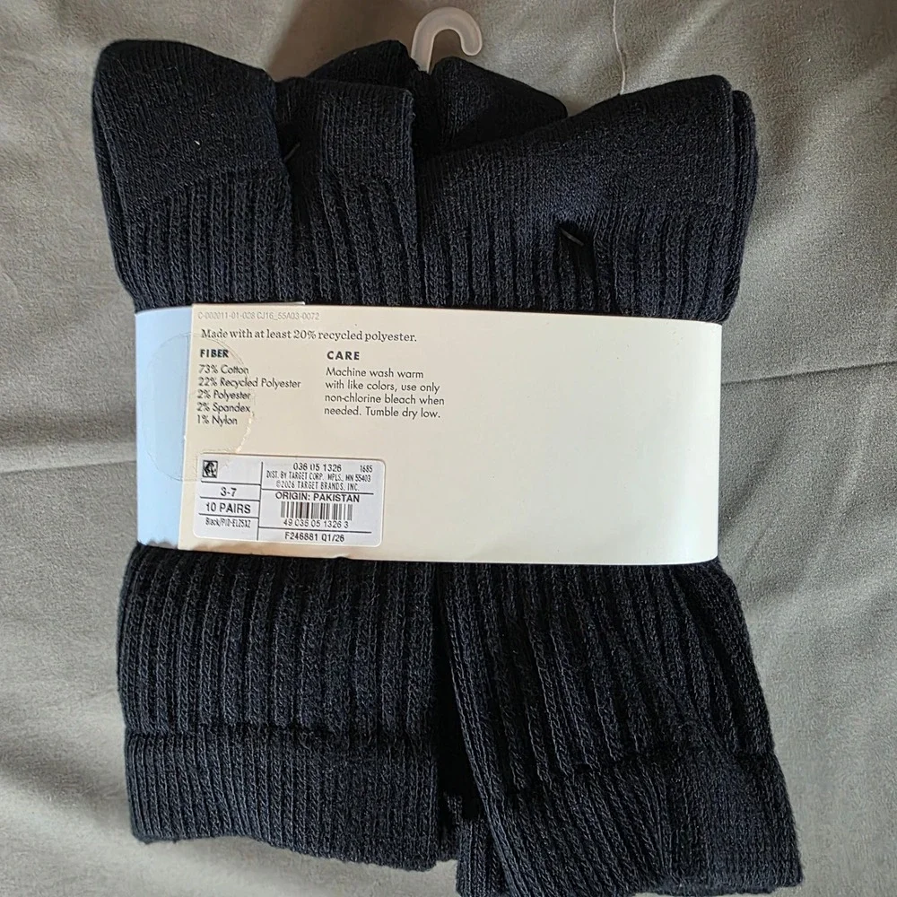 Cat & Jack Kids Crew Socks 10 Pair‎ Pack Black Cushioned Sole Size L 3-7